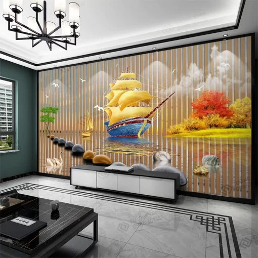 Tranh dán tường lam sóng 3D nghệ thuật hiện đại TDT2554
