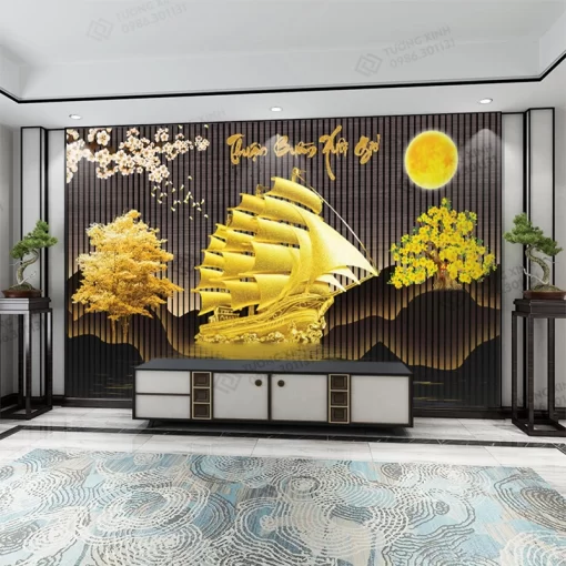 Tranh dán tường lam sóng 3D nghệ thuật hiện đại TDT2558