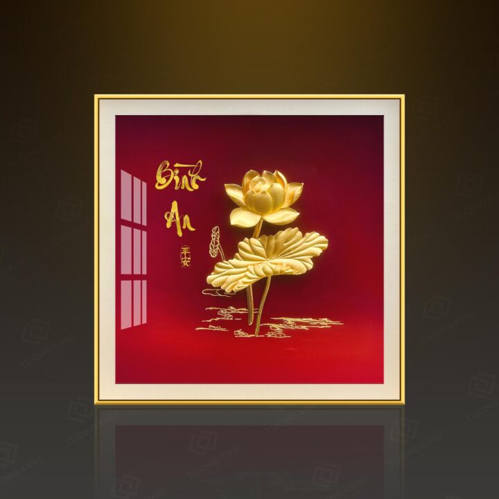 Tranh hoa sen phong cach dat vang trang guong qua tang sang trong