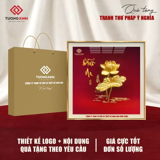 Tranh hoa Sen bình an, quà tặng doanh nghiệp in logo sang trọng TQT38