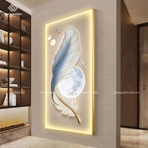 Tranh lông vũ nghệ thuật tráng gương đèn LED đính đá pha lê cao cấp LD997