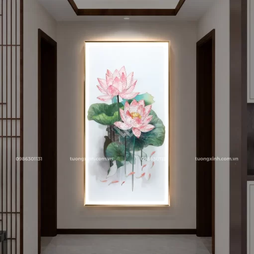 Tranh hoa sen cửu ngư tráng gương đèn LED đính đá sang trọng LD922