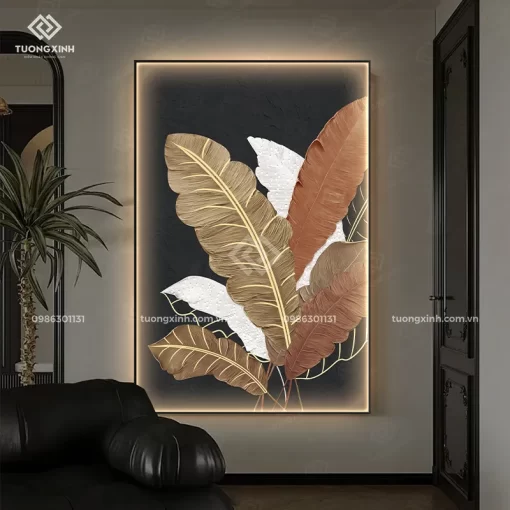 Tranh lá cây nghệ thuật tráng gương đèn LED đính đá pha lê cao cấp LD995