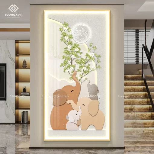 Tranh tráng gương gia đình voi đèn LED đính đá pha lê cao cấp LD998