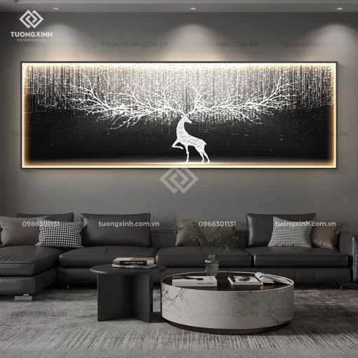 Tranh Hươu tài lộc tráng gương đèn LED đính đá cao cấp LD1015