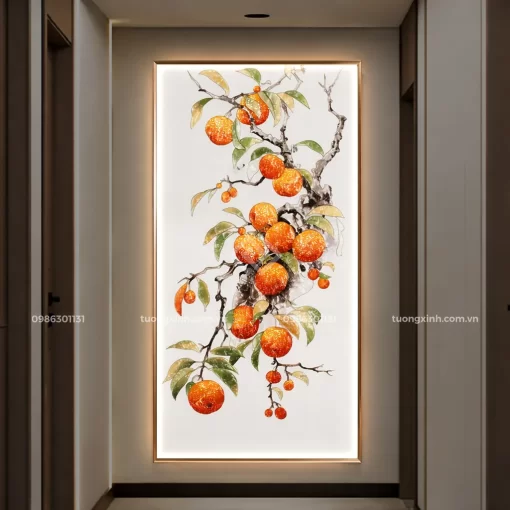Tranh tráng gương đèn LED đính đá cao cấp cành hồng trĩu quả LD918