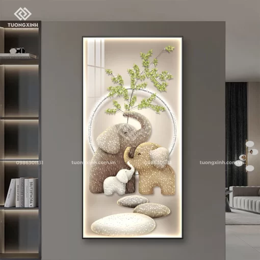 Tranh Gia đình Voi nghệ thuật tráng gương đèn LED đính đá pha lê cao cấp LD1079