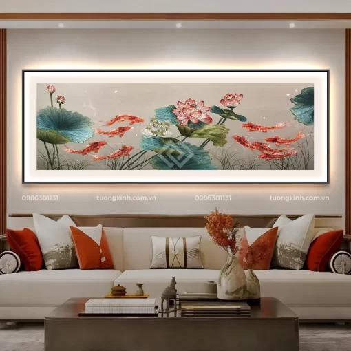 Tranh tráng gương Cửu ngư quần hội đèn LED đính đá sang trọng LD933