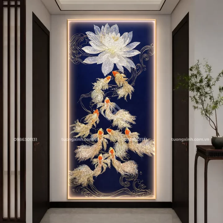 Tranh tráng gương Củu Ngư Quần Hội đèn LED đính đá pha lê cao cấp LD935