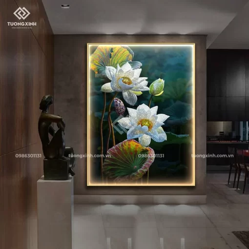 Tranh treo tường Hoa Sen nghệ thuật tráng gương đèn LED đính đá cao cấp LD993