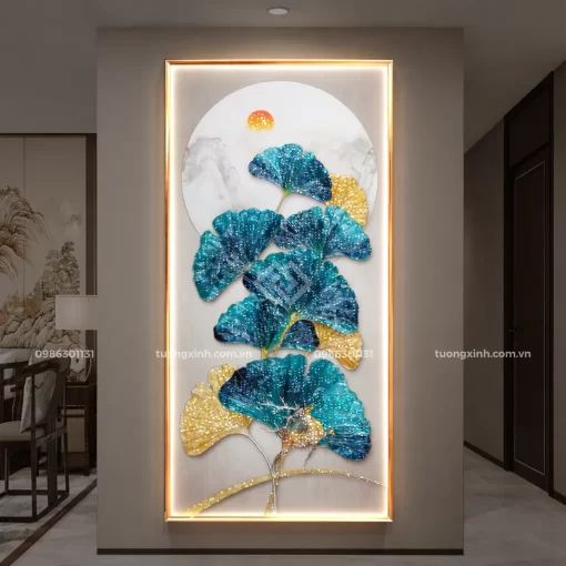 Tranh tráng gương đèn LED đính đá cao cấp lá cây nghệ thuật LD924