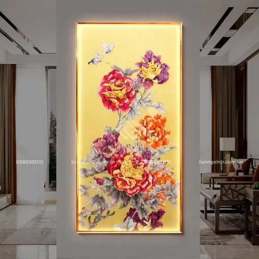 Tranh tráng gương đèn LED đính đá cao cấp hoa cây nghệ thuật LD923