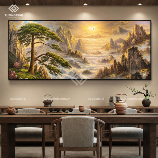 Tranh phong cảnh núi non hùng vĩ in nổi 3D hiệu ứng dát vàng sang trọng TM154