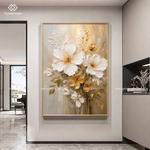 Tranh treo tường dát vàng hoa nghệ thuật in nổi 3D cao cấp TM217