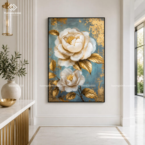 Tranh phòng khách dát vàng hoa nghệ thuật in nổi 3D cao cấp TM078
