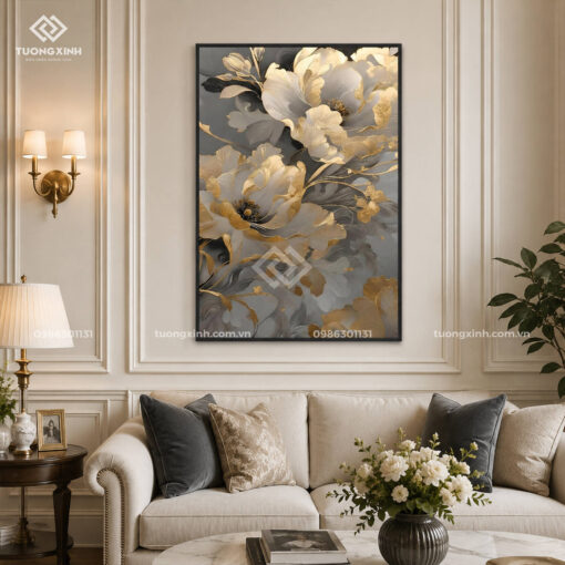 Tranh hoa nghệ thuật in nổi 3D hiệu ứng dát vàng cao cấp TM234