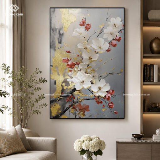 Tranh phòng khách cành hoa nghệ thuật in nổi 3D hiệu ứng dát vàng cao cấp TM261