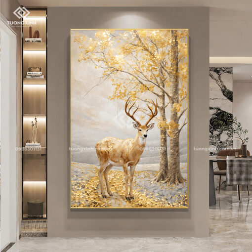 Tranh Hươu tài lộc in nổi 3D phủ nhũ vàng sang trọng TM068