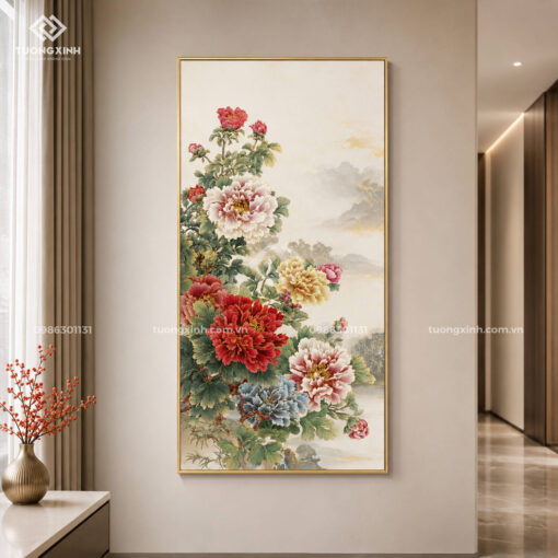 Tranh hoa nghệ thuật in nổi 3D phủ nhũ vàng sang trọng TM036