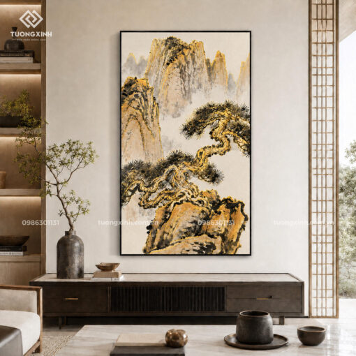 Tranh núi non hùng vĩ in nổi 3D hiệu ứng dát vàng sang trọng TM112