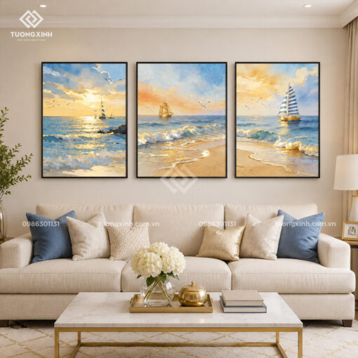 Tranh phong cảnh biển in nổi 3D hiệu ứng dát vàng cao cấp TM115