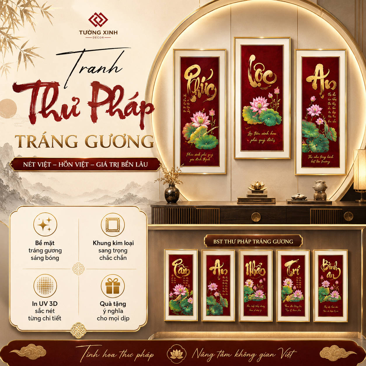 Tranh tráng gương hoa Sen bình an, quà tặng sang trọng ý nghĩa TG4843